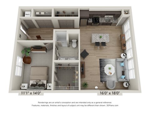 Floor plan for 1 bed, 1 bath, 938 sqft